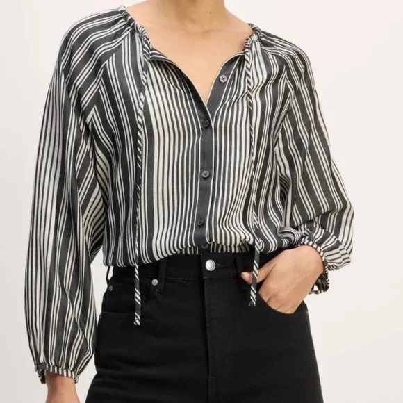 Everlane striped blouse shirt cream bone black button front tie tencel small - Picture 1 of 10